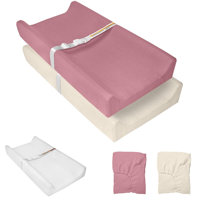 JVEOO Muslin Baby Changing Pad, 2 Pack Muslin Soft Cotton Covers & Waterproof Lining Foam Diaper Changing Table Pad 32" x 16.6" Mat for Dressers - Image 1